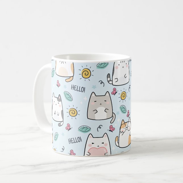 Blue Kawaii Cute Cats Hej Mönster Kaffemugg (Framsida vänster)