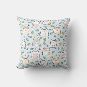 Blue Kawaii Cute Cats Hej Mönster Kudde