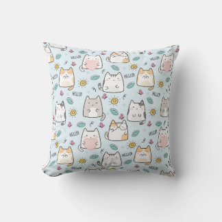 Blue Kawaii Cute Cats Hej Mönster Kudde