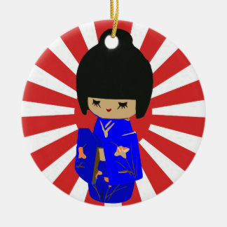 Blue Kawaii Kokeshi Doll enkelsidig ornament