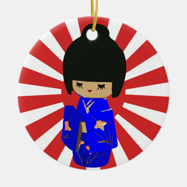 Blue Kawaii Kokeshi Doll enkelsidig ornament (Framsidan)