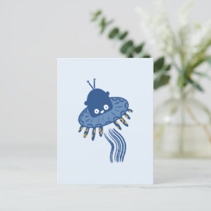 Blue Kawaii Octopus UFO Helg Vykort