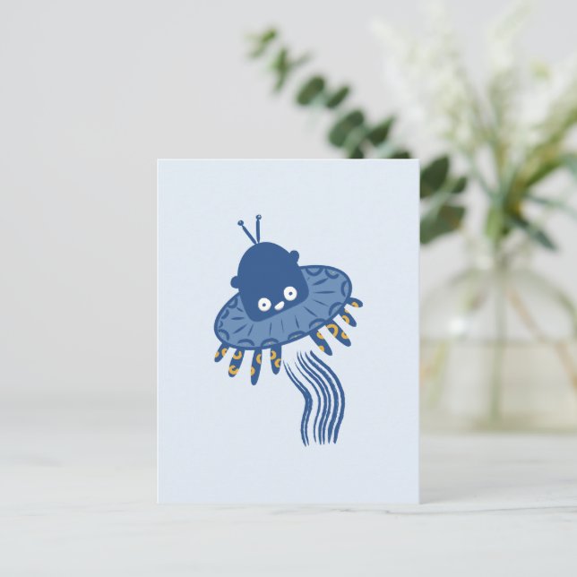 Blue Kawaii Octopus UFO Helg Vykort (Stående Fram)