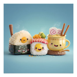 Blue Kawaii Sushi Trio Fototryck