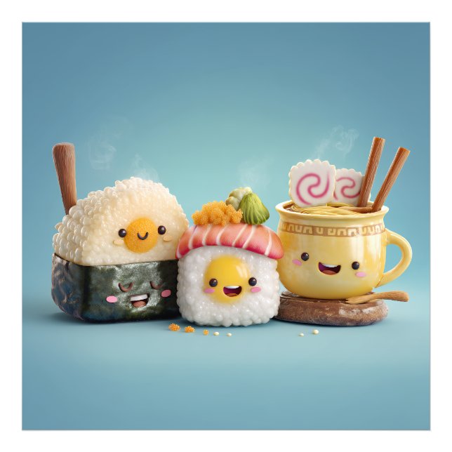 Blue Kawaii Sushi Trio Fototryck (Framsidan)