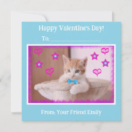 Blue Kids Funky Kitten Classroom Valentines Julkort
