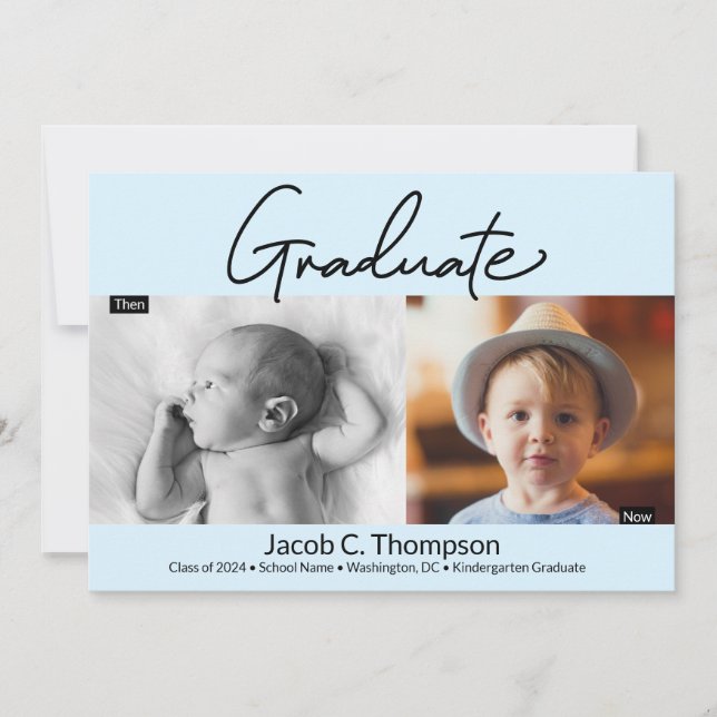 Blue Kindergarten Student, sedan och nu Grad Photo Meddelande (Framsida)
