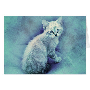 Blue Kitten ABSTRAKT Vattenfärg Hälsningskort