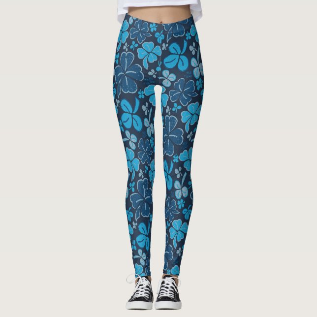 Blue Klöver Shamrock Mönster St. Patrick's Day Leggings (Framsida)
