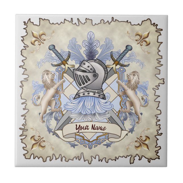 Blue Knight Family Crest-efternamn Kakelplatta (Framsidan)