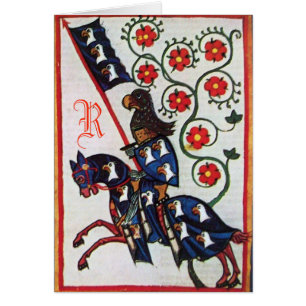 BLUE KNIGHT HORSEBACK MEDIEVAL PARCHMENT MONOGRAM HÄLSNINGSKORT