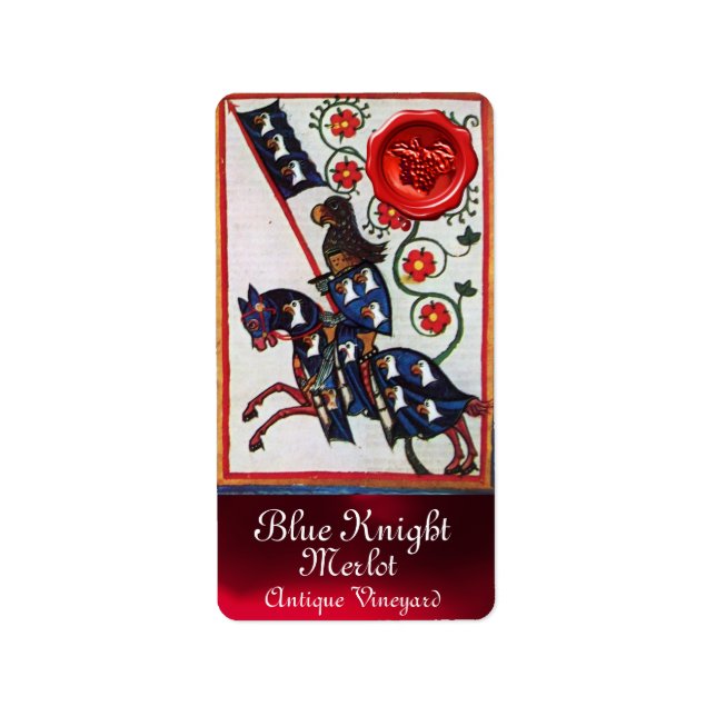 BLUE KNIGHT HORSEBACK VIN ETIKETT, RED VAX SEAL ADRESSETIKETT (Framsidan)
