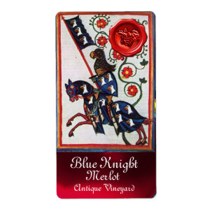 BLUE KNIGHT HORSEBACK VIN ETIKETT, RED VAX SEAL FRAKTSEDEL