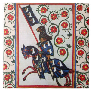 BLUE KNIKT MED RÖD ROS MEDIEVAL MINIATUR KAKELPLATTA