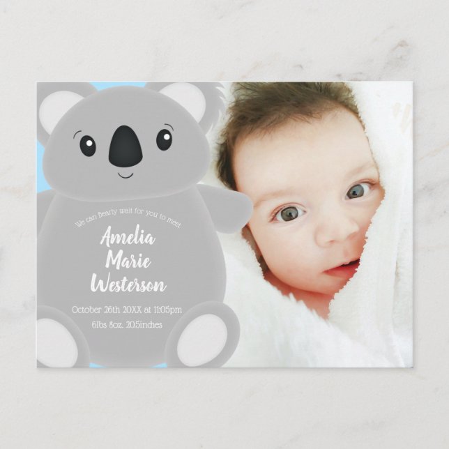 Blue Koala Bear Baby Shower Vykort (Framsida)