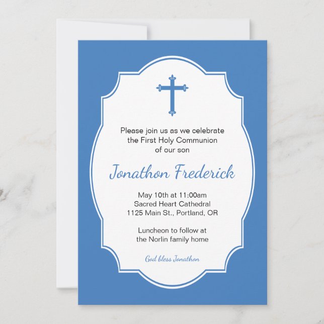 Blue Kor Boy First Heliga Communion Inbjudningar (Framsida)