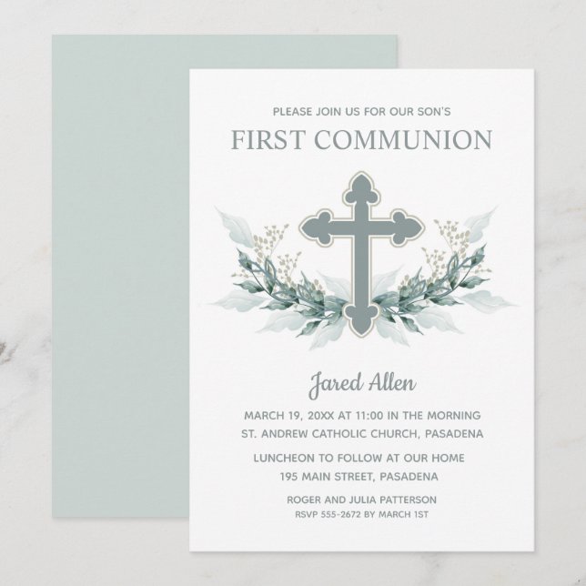 Blue Kor Greenery First Communion Inbjudningar (Fram/baksida)