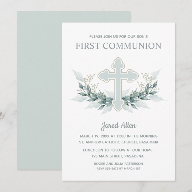 Blue Kor Greenery First Communion Inbjudningar (Fram/baksida)