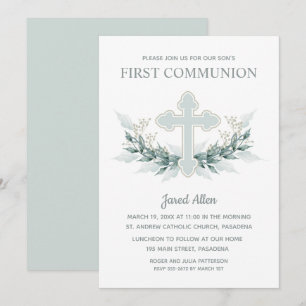 Blue Kor Greenery First Communion Inbjudningar