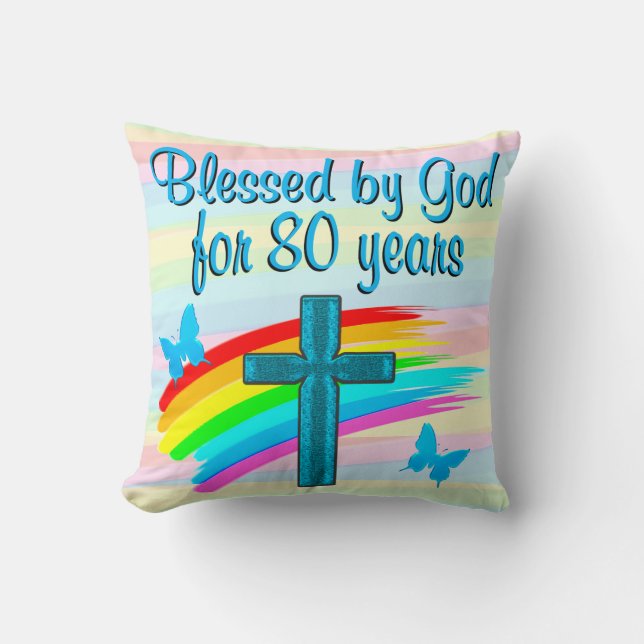 BLUE KOR OCH RAINBOW 80:E BIRTHDAY PILLOW KUDDE (Framsida)