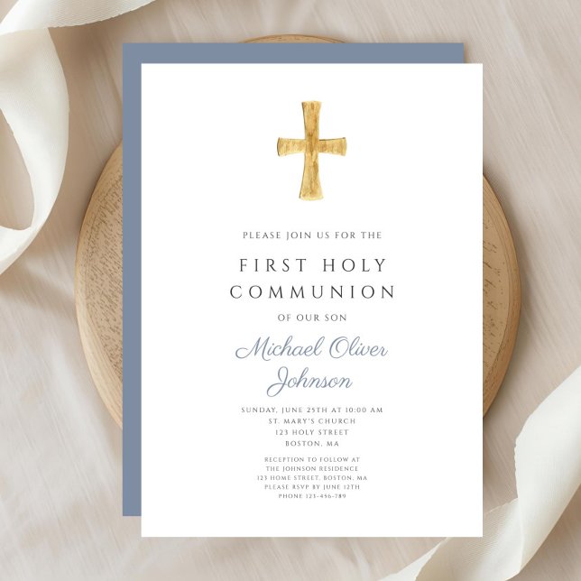 Blue Kor Religiösa Boy First Heliga Communion Inbjudningar (Blue Cross Religious Boy First Holy Communion Invitation)