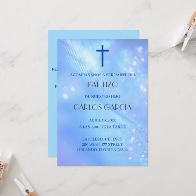 Blue kor Spansk anbudsinfordran de Bautizo Inbjudningar (Fram/Back In Situ)