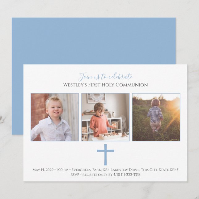 Blue Kor Tri Photo Modern First Communion Inbjudningar (Fram/baksida)