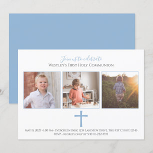 Blue Kor Tri Photo Modern First Communion Inbjudningar