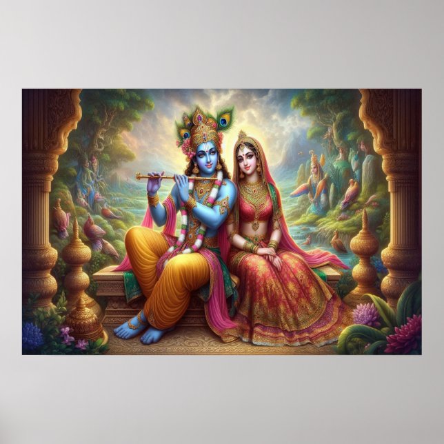 Blue Krishna-konst: Radha & Deity Flöjt, indisk gu Poster (Framsidan)