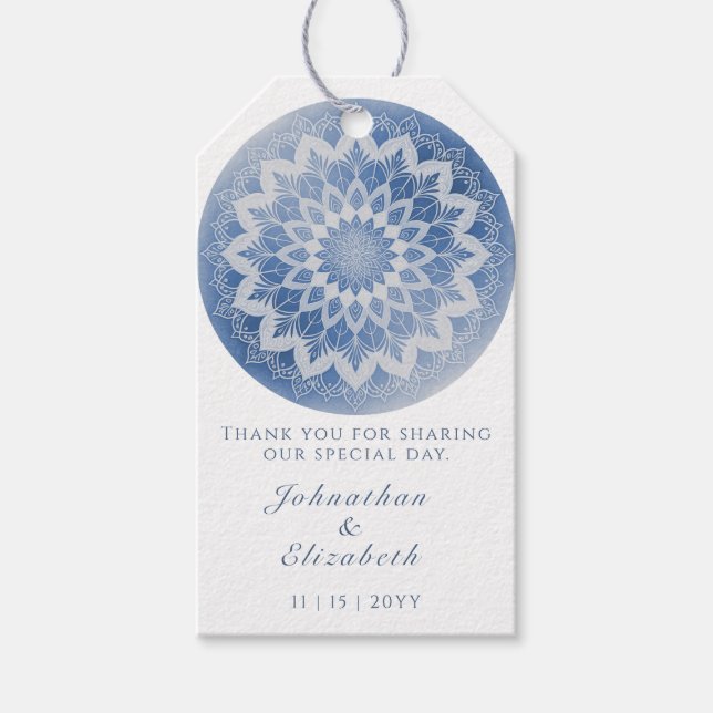 Blue Lace Mandala Wedding Favor Presentetikett (Framsidan)