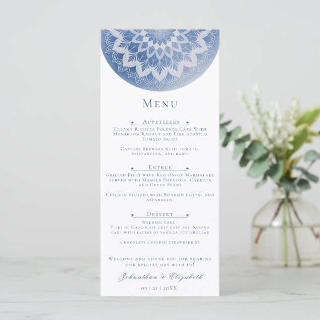 Blue Lace Mandala Wedding Meny (Stående Fram)