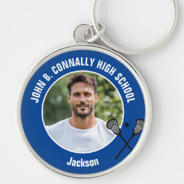 Blue Lacrosse Player Photo High School Spirit Rund Silverfärgad Nyckelring