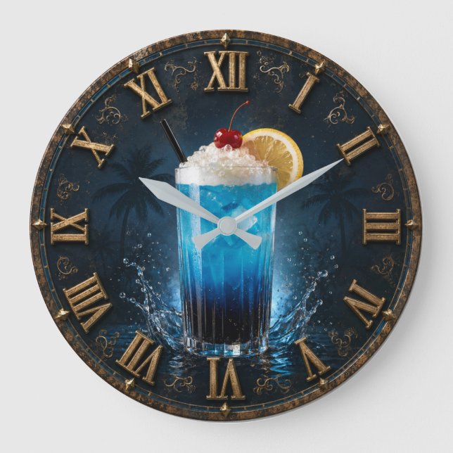 Blue Lagoon Tropical Cocktail Bar Decor Stor Klocka (Framsida)