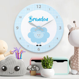 Blue Lamb Boy Kid Nursery Script Cute Kawaii Namn Stor Klocka