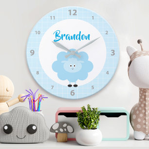 Blue Lamb Boy Kid Nursery Script Cute Kawaii Namn Stor Klocka