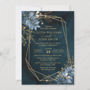 Blue Lämna Blommigt Guld Elegant - F003-inbjudan Inbjudningar