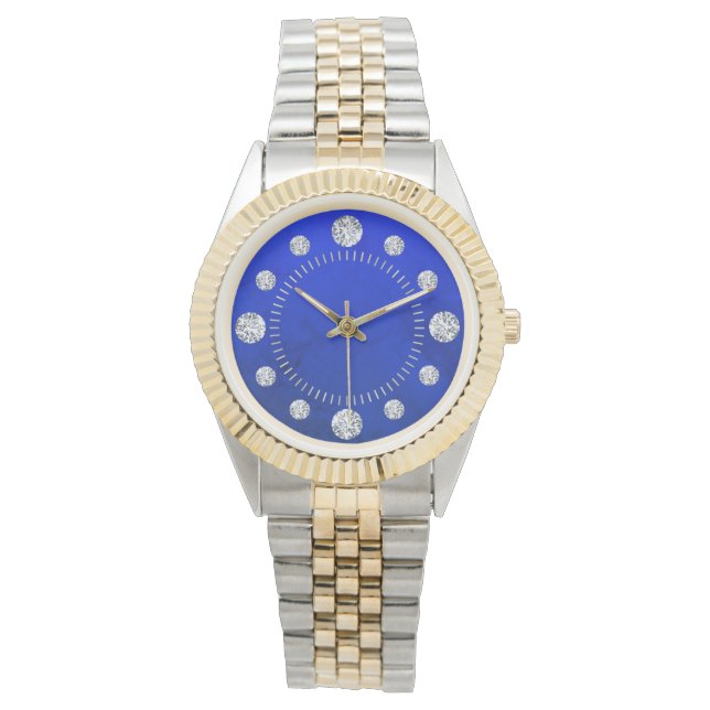 Blue Lapis Diamond Solitaire Dial Steel Guld Armbandsur (Framsida)