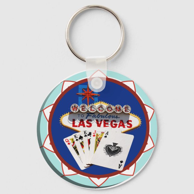 Blue Las Vegas Välkomstskyltsskylt Poker Chip Nyckelring (Framsida)