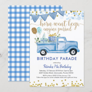 Blue Lastbil Boy Drive by Birthday Parad bjudande Inbjudningar