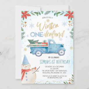 Blue Lastbil Poinsettia Winter Onederland Birthday Inbjudningar