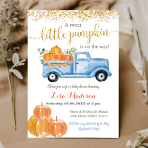 Blue Lastbil Pumpkin är på väg till babyduschen Inbjudningar