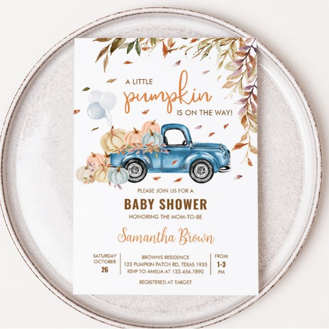 Blue Lastbil Pumpkin Baby Shower Inbjudningar (Boy Little Pumpkin Truck Baby Shower Invitation)