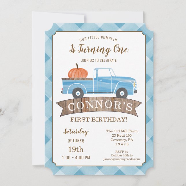 Blue Lastbil PUMPKIN Birthday Invi Inbjudningar (Framsida)