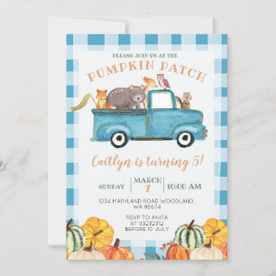 Blue Lastbil Pumpkin Patch Gingham Femte födelseda Inbjudningar