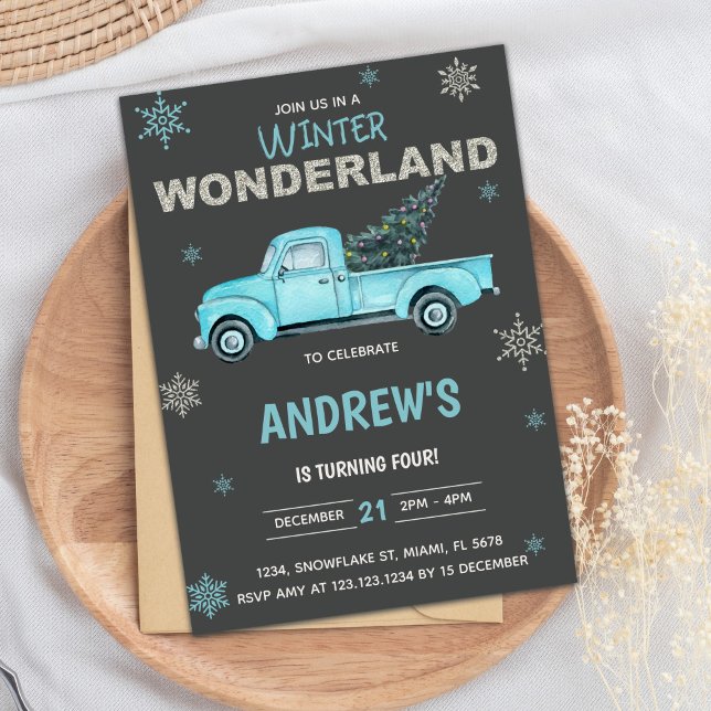 Blue lastbil Winter Wonderland Birthday-inbjudning Inbjudningar (Blue truck Winter Wonderland Birthday Invitations)