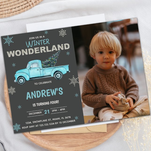 Blue lastbil Winter Wonderland Birthday-inbjudning Inbjudningar (Blue truck Winter Wonderland Birthday Invitations)