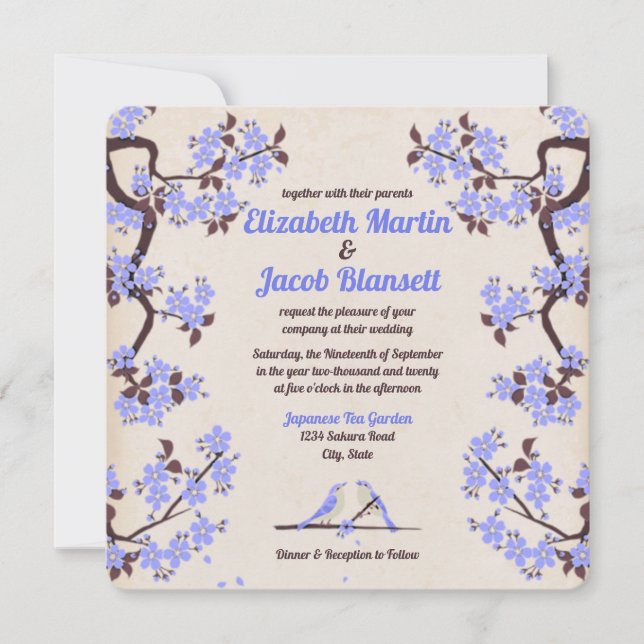 Blue Lavender Sakura och Love birds Bröllop Inbjudningar (Framsida)