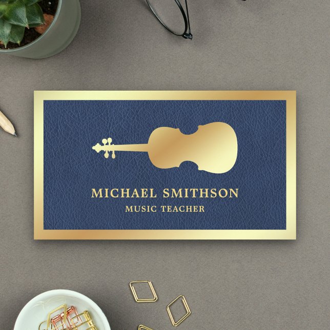 Blue Leather Guld Violin Music Teacher Violinist Visitkort (Skapare uppladdad)