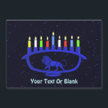 Blue Lejon Menorah<br><div class="desc">En blå,  lejon-temad Chanukkah-menorah med tända ljus som läggs ovanpå en stjärnbakgrund. Lägg till din egen text.</div>