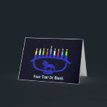 Blue Lejon Menorah Helgkort<br><div class="desc">En blå,  lejon-temad Chanukkah-menorah med tända ljus som läggs ovanpå en stjärnbakgrund. Lägg till din egen text.</div>